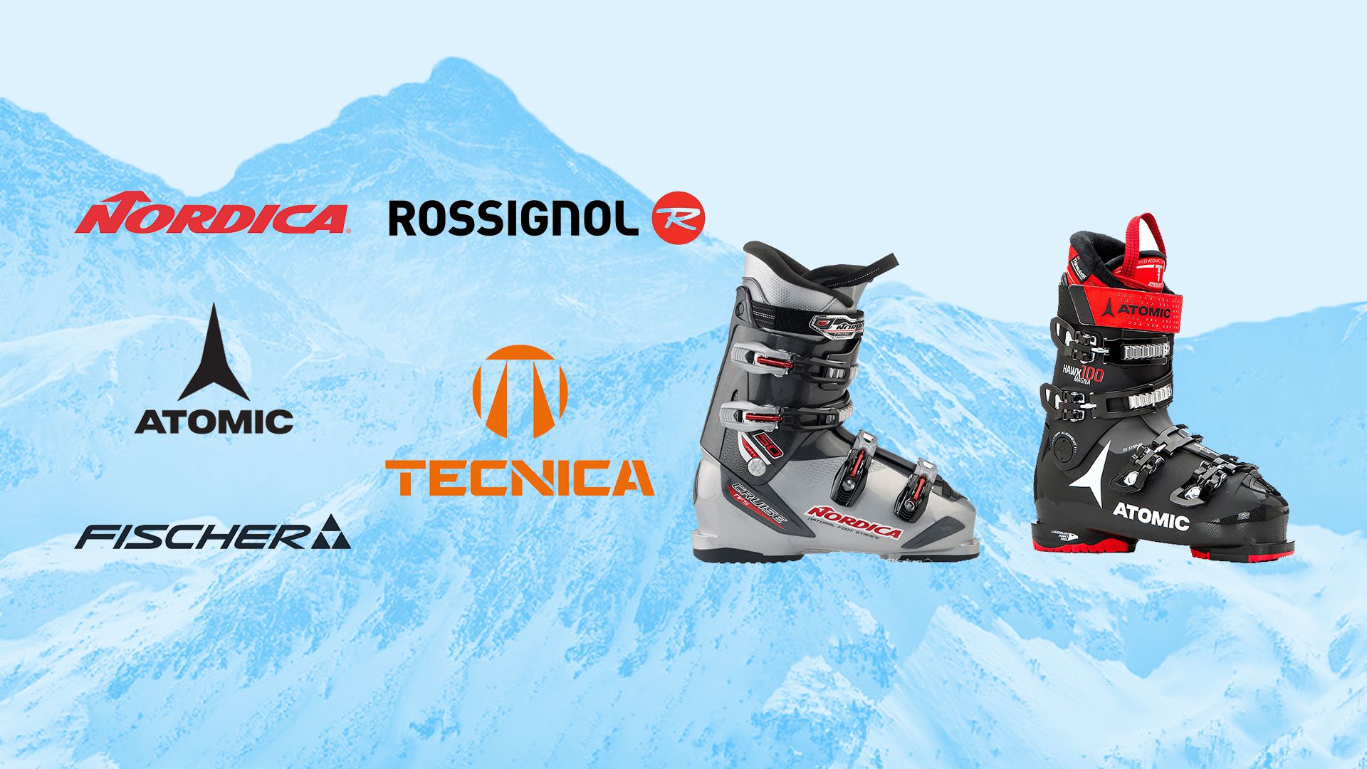 An illustration that shows brand logos, a gray and black Nordica ski boot, and a red, white, and black Atomic ski boot against a snowy blue mountain in the background Nordica logo, Rossignol logo, Atomic logo, Technica logo, Fisher logo.