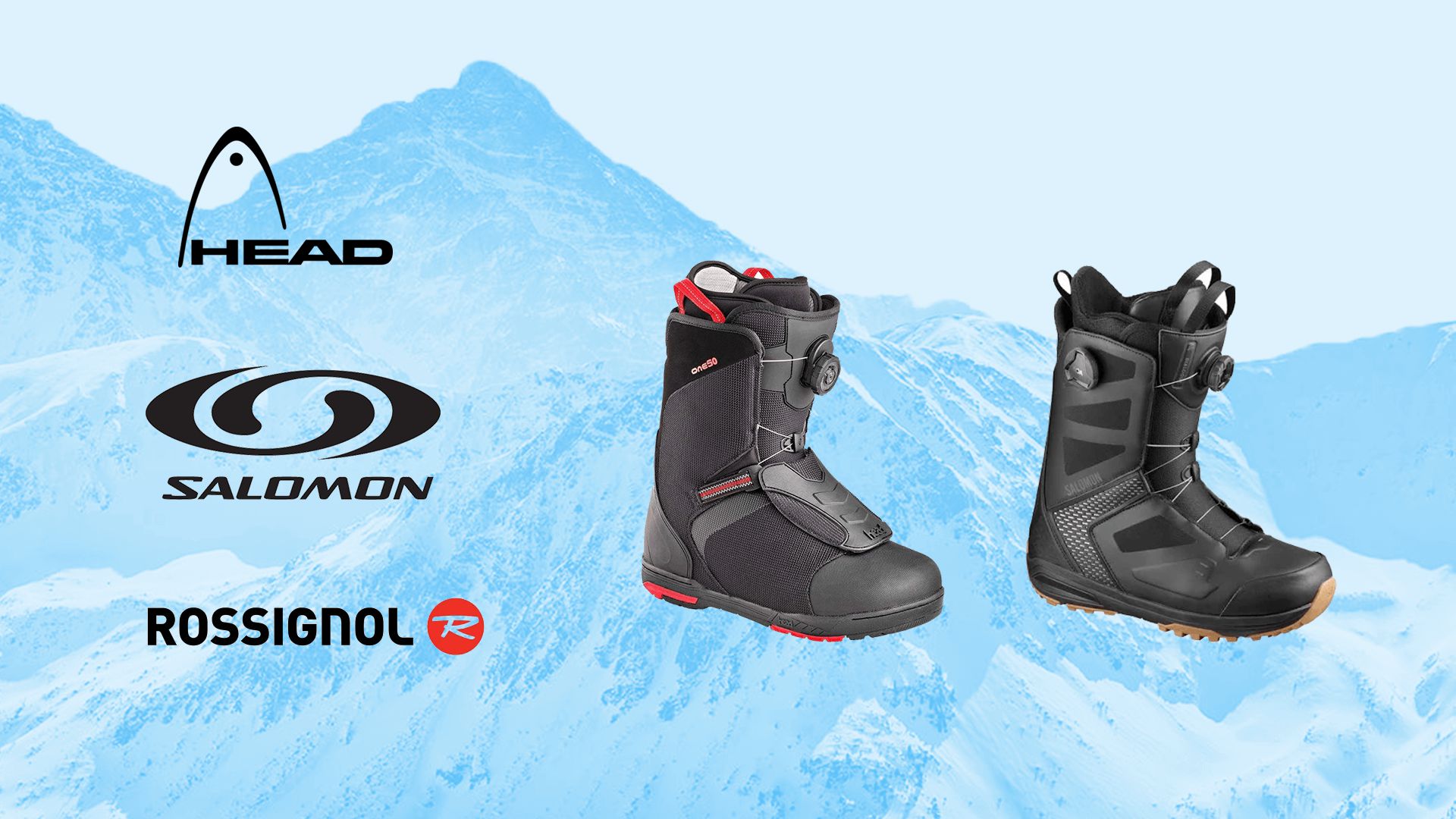 An illustration that shows brand logos and two black ski shoes. Head logo, Salamon logo, Rossignol R logo.