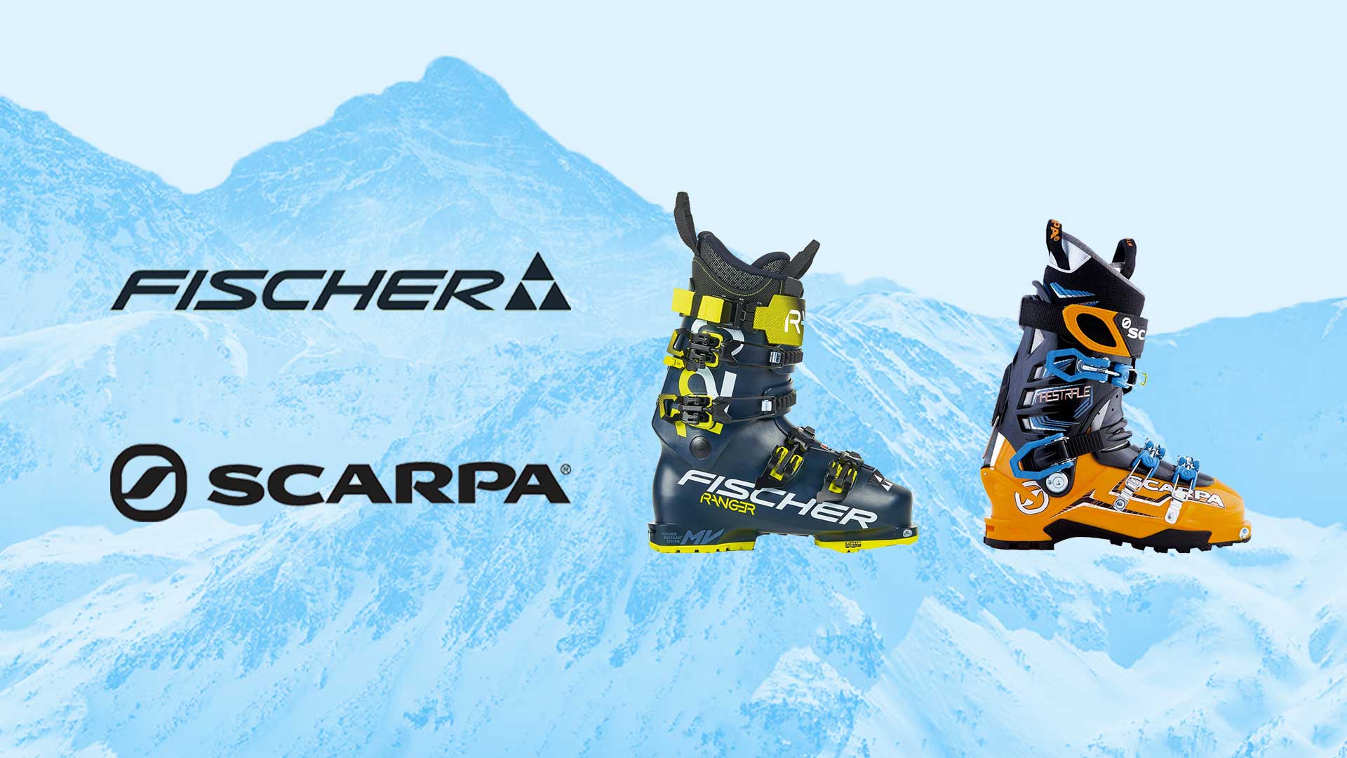 An illustration that shows brand logos—a dark blue and yellow green Fischer ski boot and a black and yellow Scarpa ski boot—against a snowy blue mountain in the background. Fischer logo, Scarpa logo.