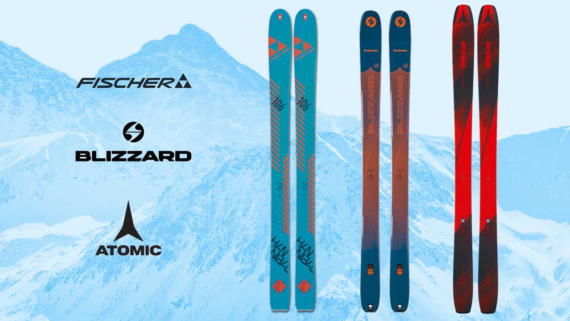 An illustration that shows brand logos, a blue and orange Hanibal Fischer ski board, a blue and orange Blizzard ski board, and a red and dark gray Atomic ski board against a blue snowy mountain in the background. Fischer logo, Blazzard logo, Atomic logo