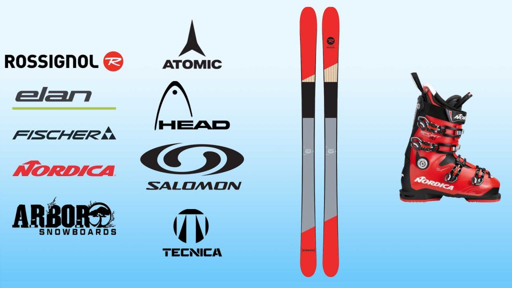 An illustration that shows brand logos on a red and black ski board and a white ski shoe. Rossignol R logo, Elan logo, Fischer logo, Nordica logo, Arboro snowboards logo, Atomic logo, Head logo, Salomo logo, Tecnica logo.