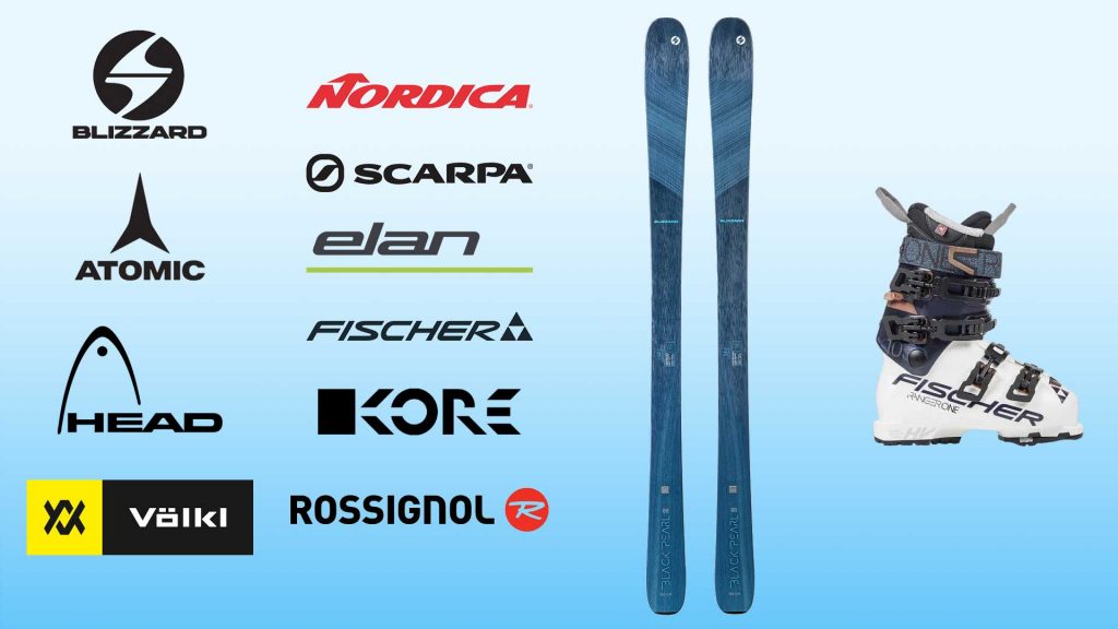 An illustration that shows brand logos on a blue ski board and a white ski shoe. Blizzard logo, Atomic logo, Head logo, VoIkI logo, Nordica logo, Scarpa logo, Fischer logo, Kork logo, Rossignol R logo.